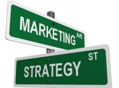 a sign post with marketing and strategy on street like signs